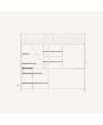  loft metal bed with white for bedroom and dormitory, with built-in charging station and LED lighting