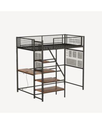 Twin sized loft metal bed with black for bedroom and dormitory, with built-in charging station and LED lighting