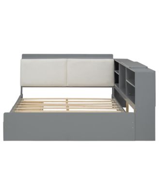 Wood Full Size platform bed with Storage Headboard, Shelves and 2 Drawers