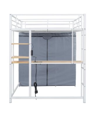 Full Size Loft Metal Bed with Desk,Shelves,Power Outlet,LED Light and Wardrobe