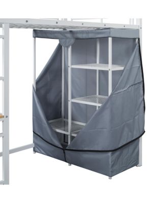 Twin Size Loft Metal Bed with Desk,Shelves,Power Outlet,LED Light and Wardrobe