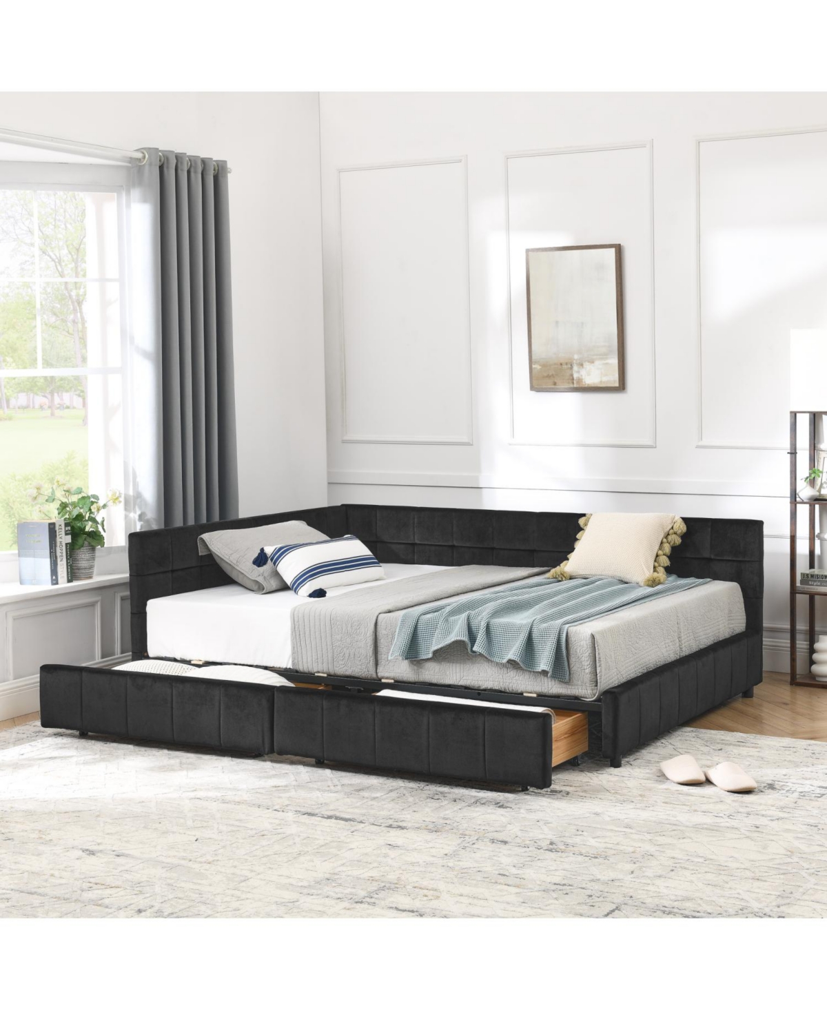 Streamdale Furniture Upholstered Full Bed Frame with Backrest and Armrests, Black