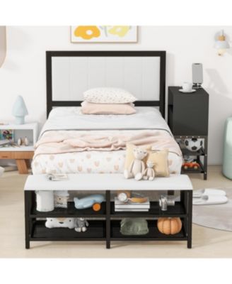 Twin size Metal Platform Bed with Two-Tier Storage Shelves, Wooden Storage Cabinet