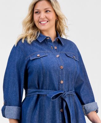 Plus Size Cotton Tie-Waist Chambray Dress