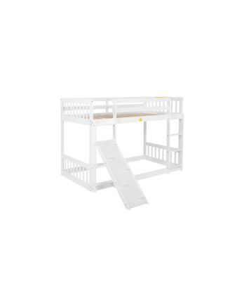 Twin Over Twin Floor Bunk Bed, Playhouse Floor Bunk Bed with Climbing Ramp, Ladder, Safety Guardrails,White