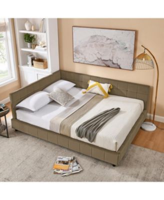 Queen Upholstered Tufted Bed Frame with Backrest and Armrests