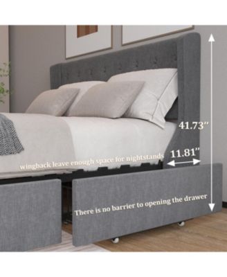 Queen Size Bed Frame with 4 Storage Drawers and Wingback Headboard, Button Tufted Design