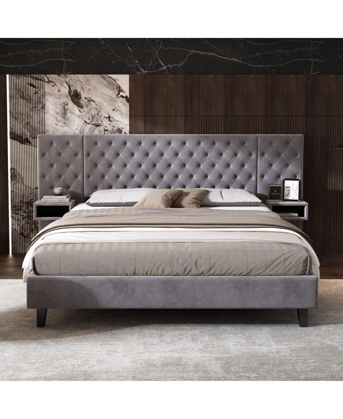 Streamdale Furniture Streamdale Grey Velvet Platform Bed with Headboard, 2 Nightstands & Diamond Tufting