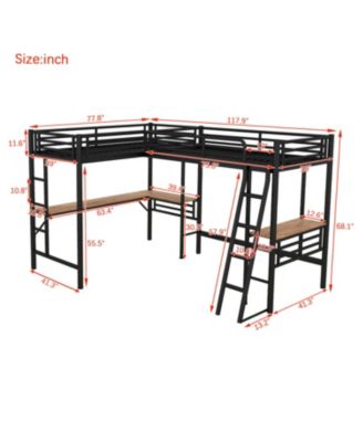 Twin Size Metal Loft Bed with Two Built-in Desks