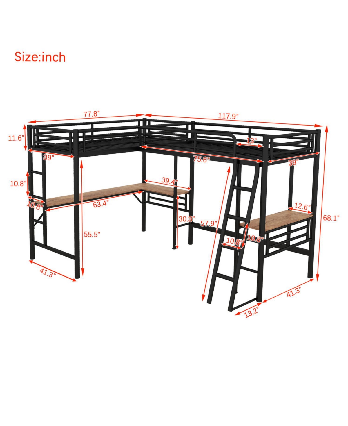Streamdale Furniture Twin Size Metal Loft Bed with Two Built-in Desks