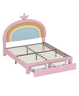 Princess Bed with Storage Drawer, Velvet Rainbow Upholstered Platform Bed