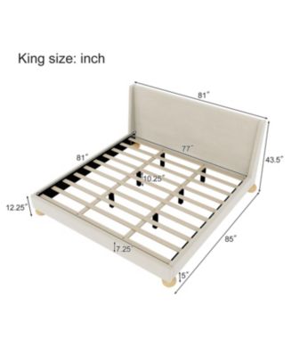 Modern Velvet Upholstered Platform Bed with Wingback Headboard and Round Wooden Legs, Cream,King Size