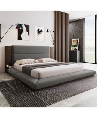 Streamdale Floor Upholstered Platform Bed with Extended Wood Headboard & Bedside Shelf,No Box Spring Needed,King Size