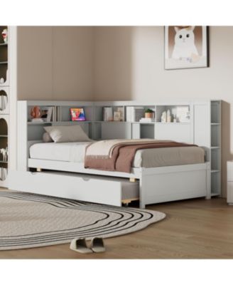 Twin Size Wood Daybed with Storage Shelves, USB and Trundle