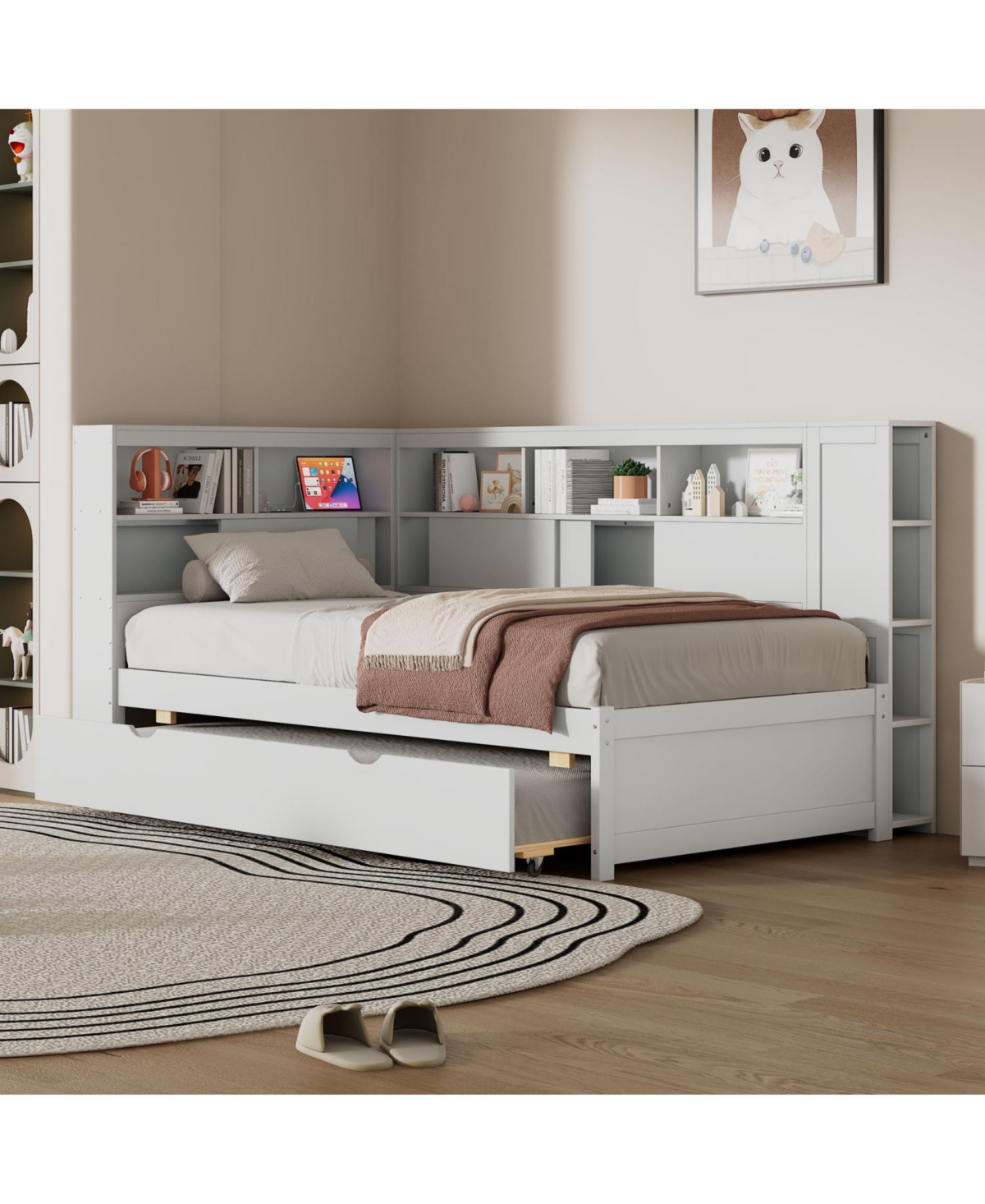 Streamdale Furniture Twin Size Wood Daybed with Storage Shelves, Usb and Trundle