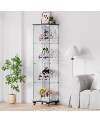 4-Tier Glass Storage Cabinet with Lock and Wheels