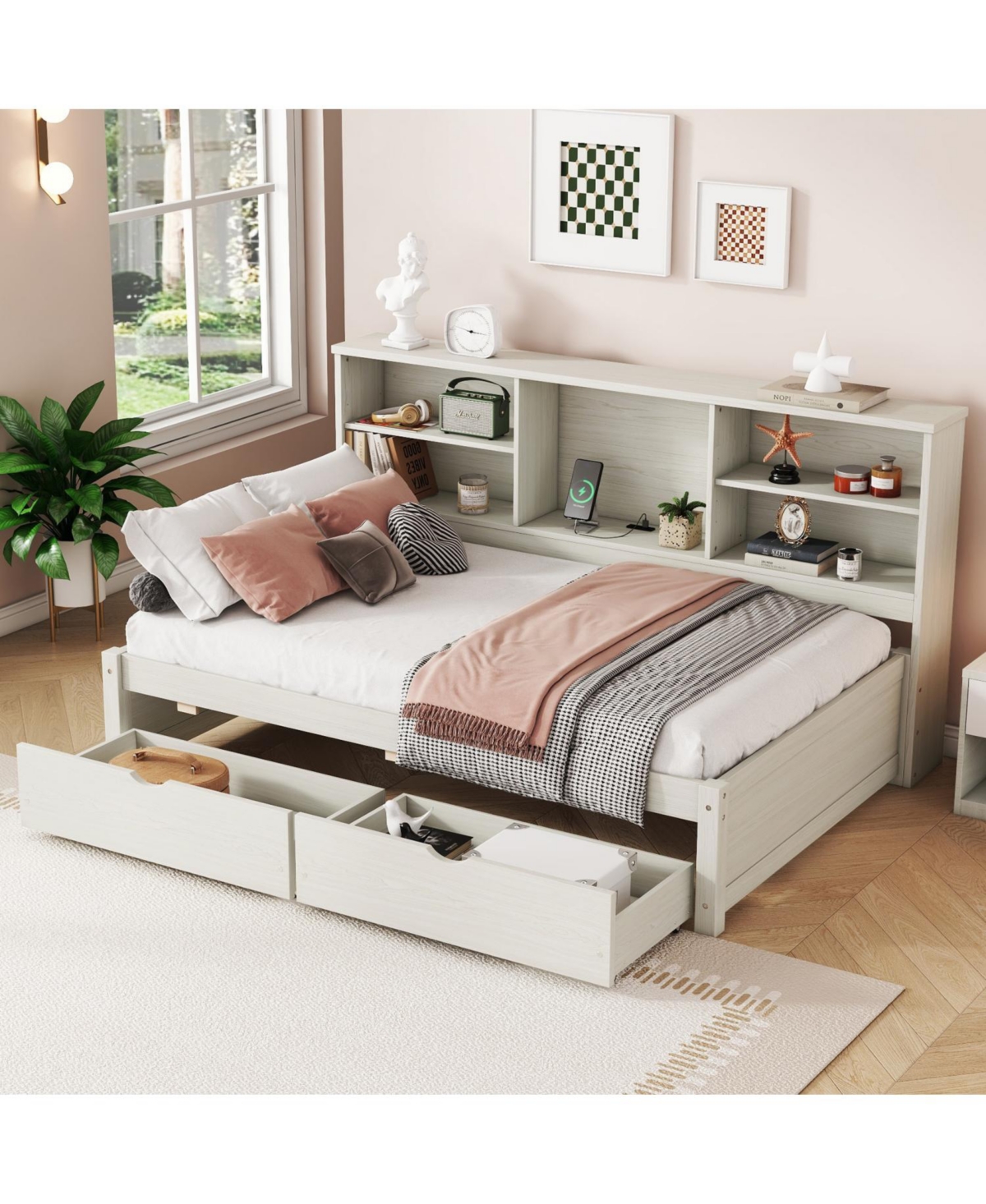 Streamdale Furniture Streamdale Twin Size Bed Frame With Side Bookshelves, Two Drawers, And Built-in Usb Port For Creamy White Color