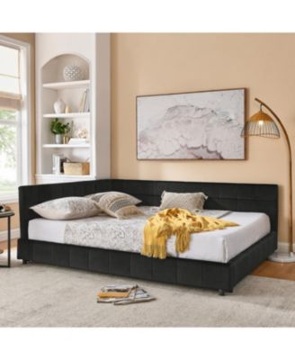 Queen Upholstered Bed Frame with Backrest and Armrests, Velvet, Black (85.5"x64.5"x30.5")