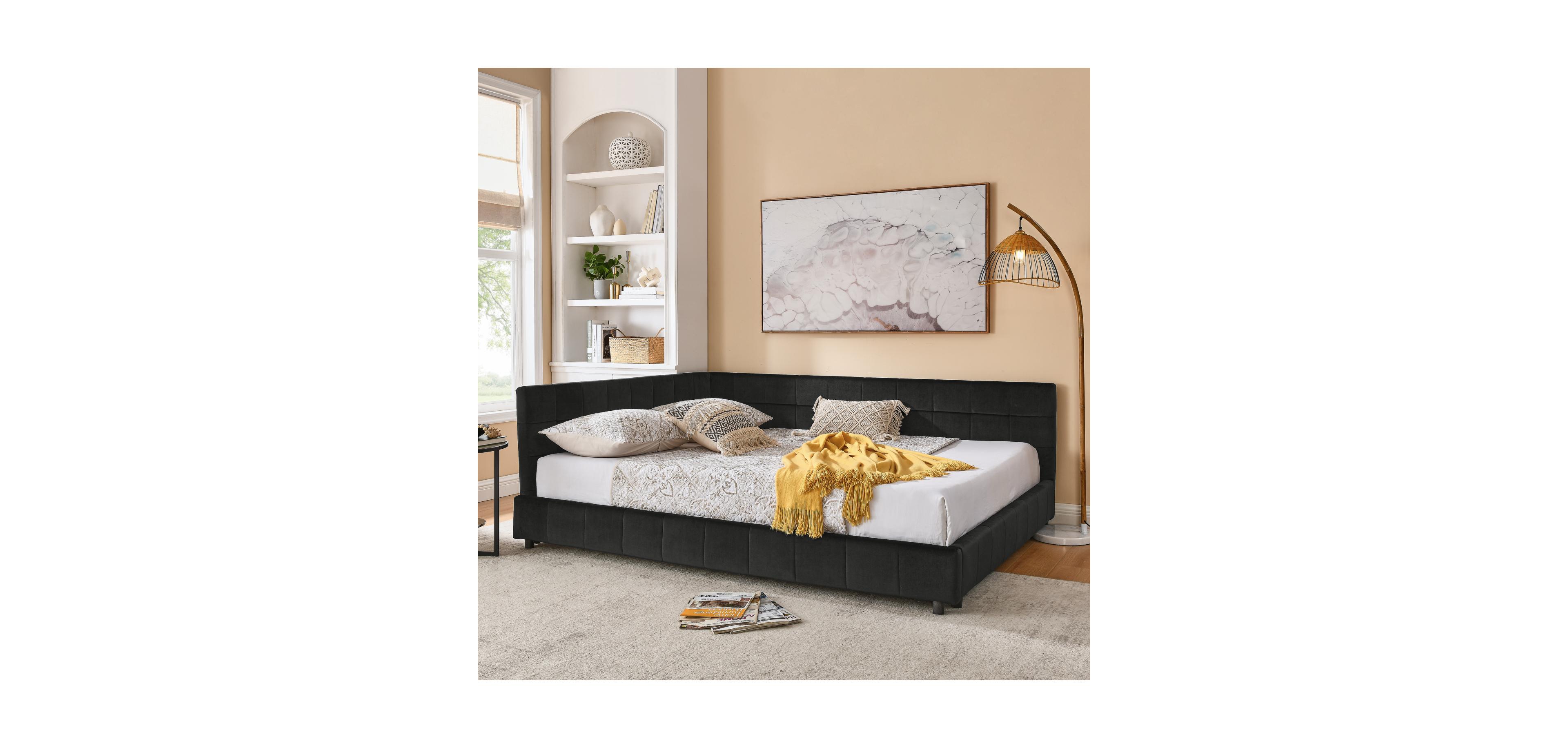 Streamdale Furniture Queen Upholstered Bed Frame with Backrest and Armrests, Velvet, Black (85.5"x64.5"x30.5")