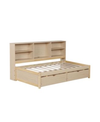 Twin Size Bed Frame With Side Bookshelves, Two Drawers, And Built-in USB Port