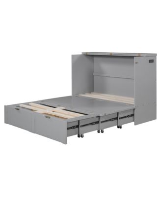  Full Size Murphy Bed with drawer and a set of Sockets & USB Ports, Pulley Structure Design, White