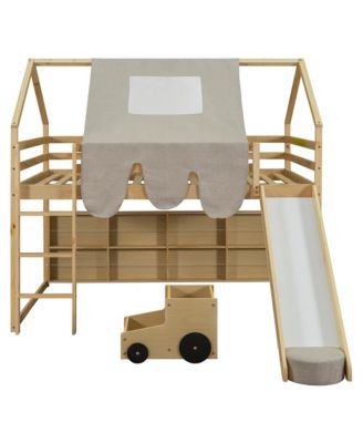 Wooden Loft Bed House-shaped Frame with a Tent
