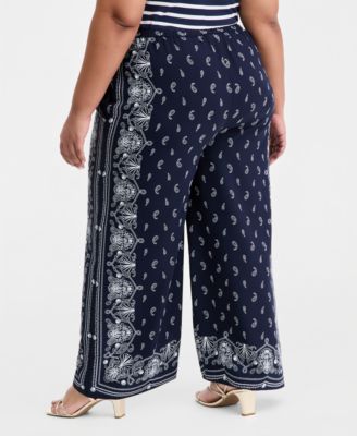 Trendy Plus Size High Rise Bandana Frame Print Wide Leg Pull-On Pants