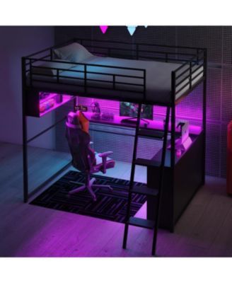 Full Size Metal Loft Bed with LED Desk and 4 Storage Shelves Black