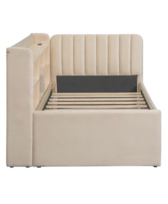 Twin Size Upholstered Daybed with Trundle Storage Shelves USB & Outlet