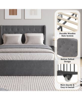 Dark Grey Button Tufted Wingback Bed Frame with 4 Drawers