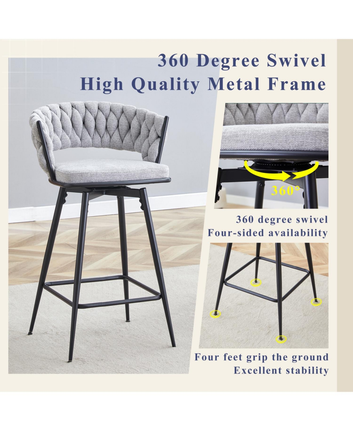Streamdale Furniture Swivel Bar Stools - Light Gray Linen & Black Iron (Set of 2)