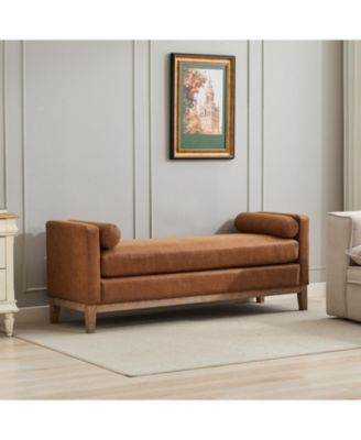 Upholstered Bench/Daybed Ottoman with Wood Legs & Bolsters - Brown PU