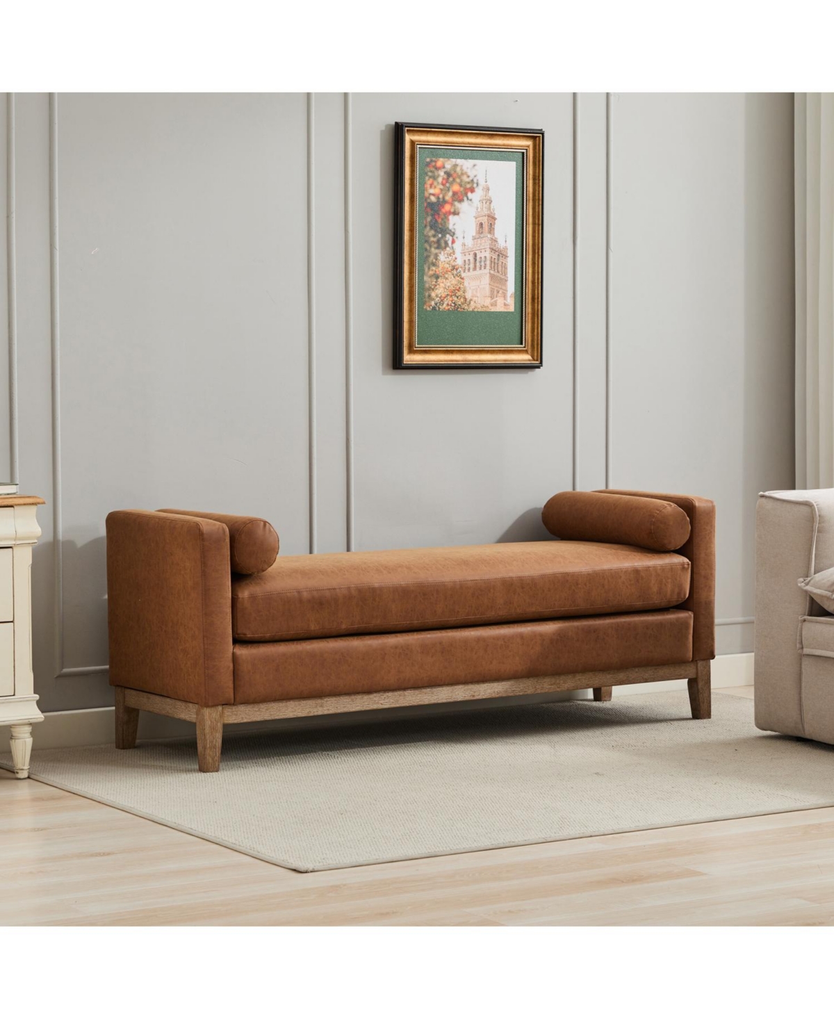 Streamdale Furniture Upholstered Bench/Daybed Ottoman with Wood Legs & Bolsters - Brown Pu