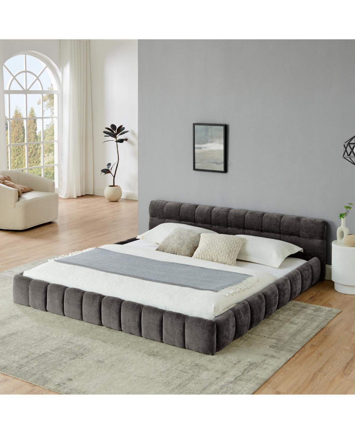 Streamdale Furniture King Upholstered Platform Bed Frame - Dark Gray