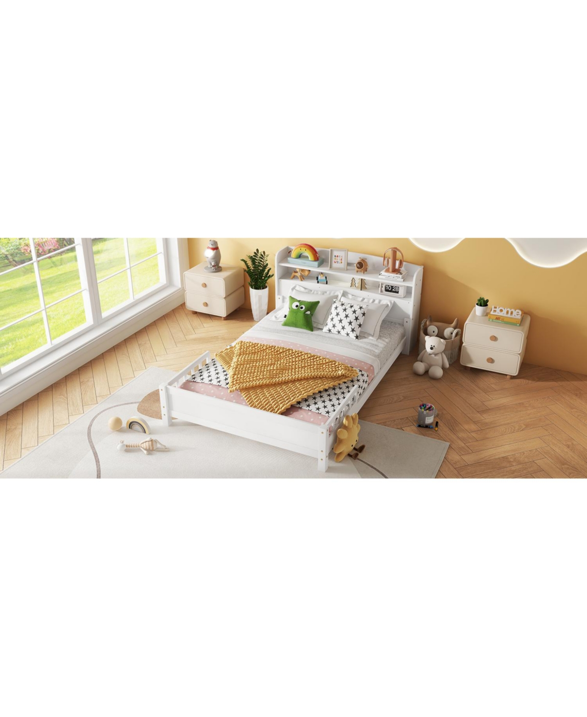 Streamdale Furniture Pine Wood Bed with Bookcase Headboard Led & Guardrails White