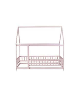Full Size House Floor Wooden Bed with Roof Frame Safety Guardrails