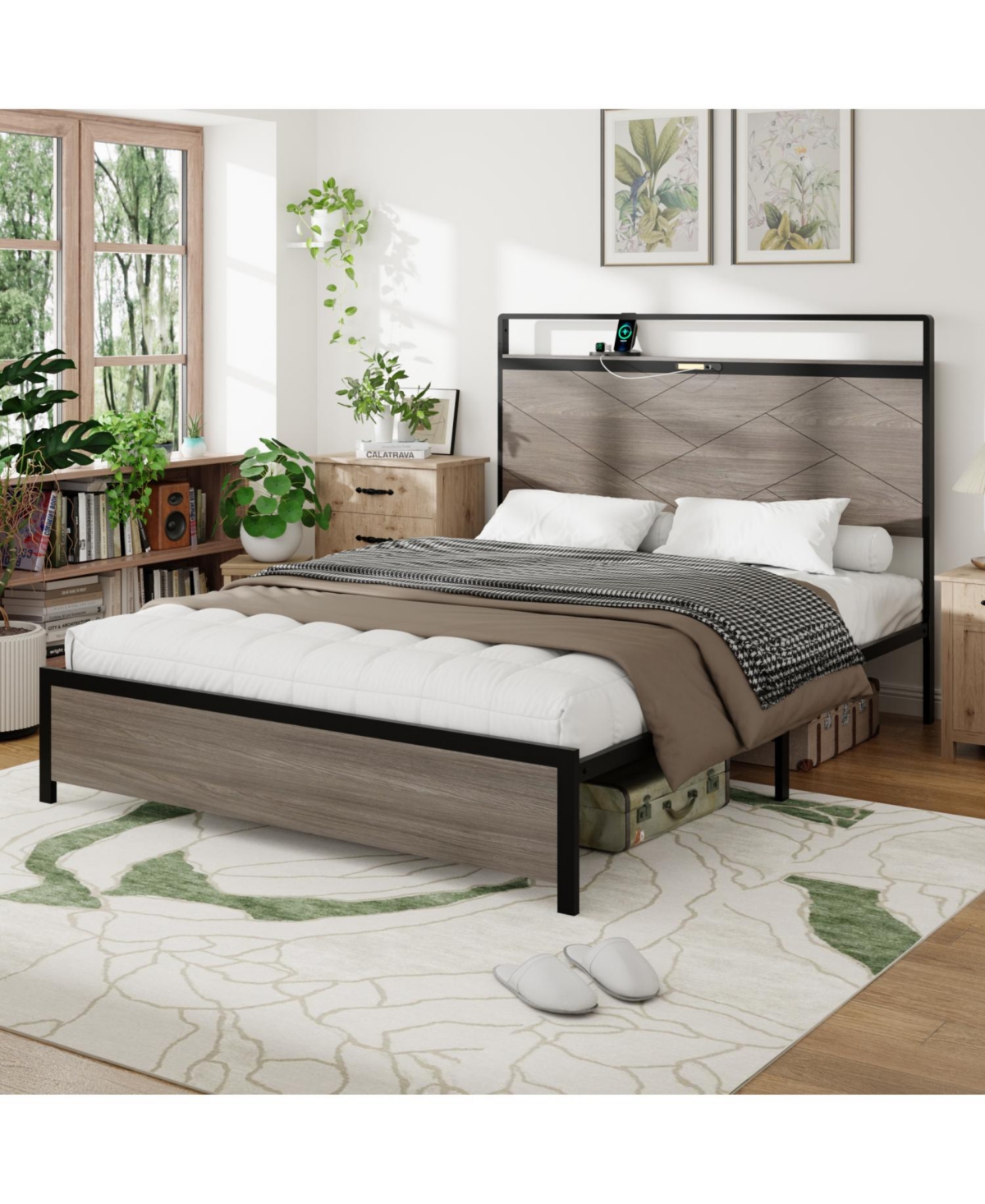 Streamdale Furniture Queen Wooden Platform Bed Frame Led Usb Storage Antique Grey