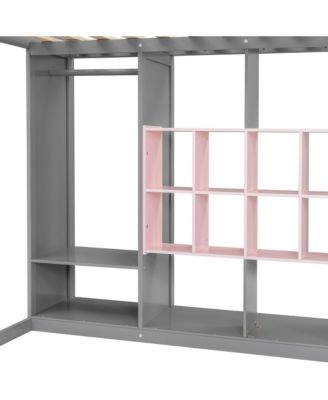 Full Size Wood Loft Bed with Wardrobe, shelves and Cabinet, Gray+Pink