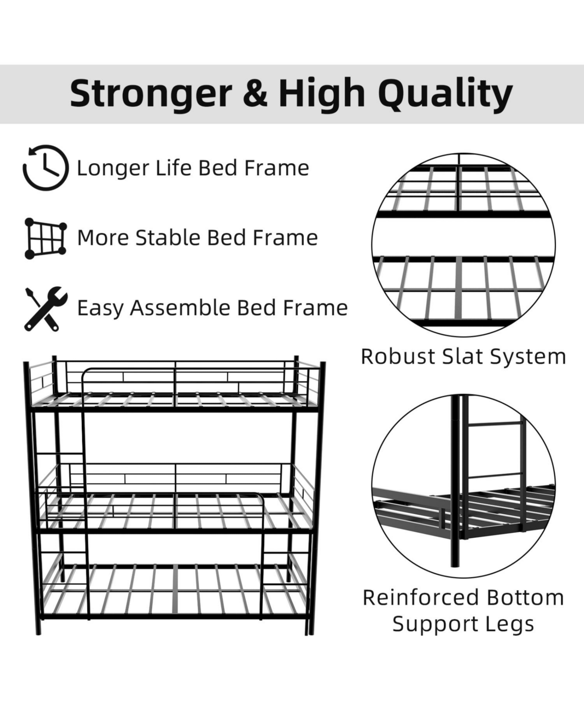 Streamdale Furniture Triple Frame Bed w/ Ladder & Railing - Floor Safe, Easy Assembly