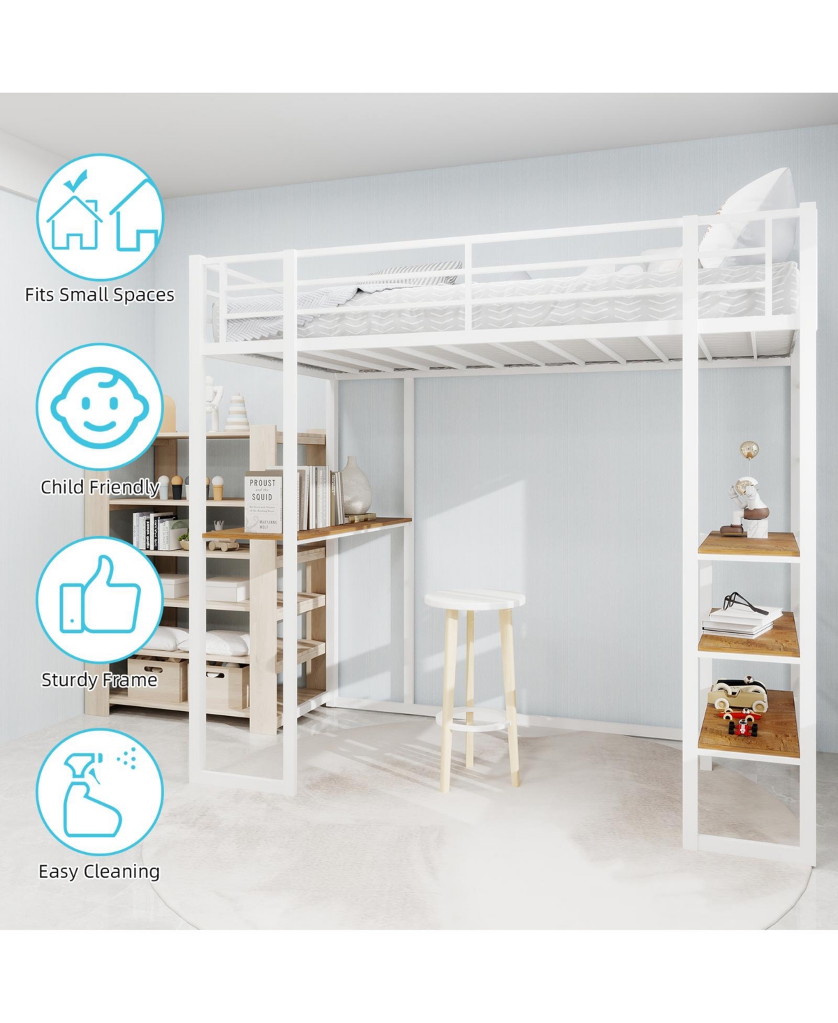 Streamdale Furniture Iron Loft Bed with L-Shaped Desk and Stairs
