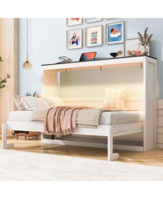 Twin Murphy Bed with LED, Foldable Cabinet, Hidden Wall Bed