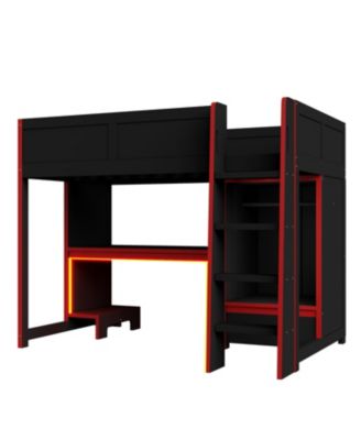 Black Twin Gaming Loft Bed w/ Desk, Wardrobe & LED