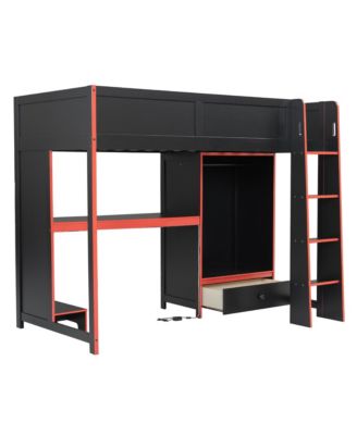 Black Twin Gaming Loft Bed w/ Desk, Wardrobe & LED