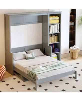 Full Size Murphy Bed with Desk and Bookshelf, Gray