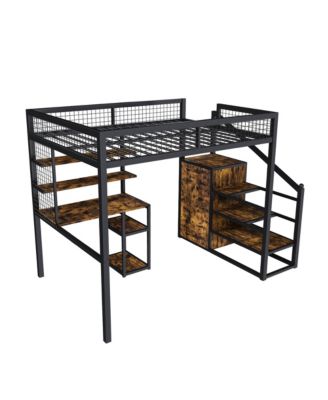 Loft Bed w/Desk & Wardrobe - Metal Frame, Stairs, Storage