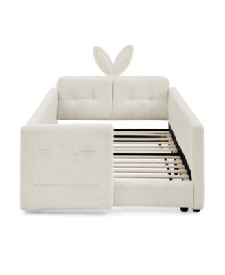  Twin Beige Boucle Platform Bed with Rabbit Ear Headboard