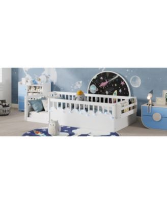 Twin Montessori Floor Bed with Rails, Shelf, Light