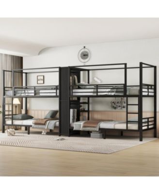 Twin Quad Metal Bunk Bed w/ Storage & Wardrobe - Black