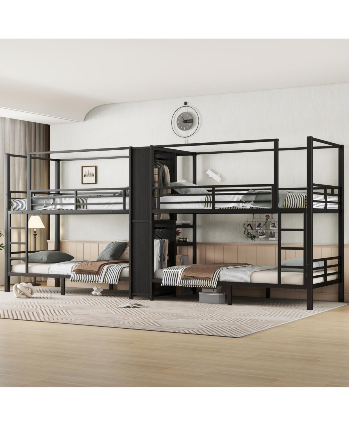 Streamdale Furniture Twin Quad Metal Bunk Bed w/ Storage & Wardrobe - Black
