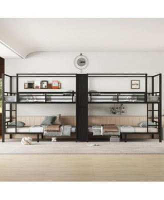 Twin Quad Metal Bunk Bed w/ Storage & Wardrobe - Black